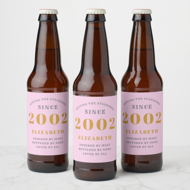 21st Birthday Born 2002 Add Name Pink Grey Beer Bottle Label (Bottles)