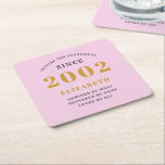21st Birthday Born 2002 Add Name Pink Grey Square Paper Coaster<br><div class="desc">Personalized Birthday add your name and year coaster. Edit the name and year with the template provided. A wonderful custom birthday party accessory. More gifts and party supplies available with the "setting standards" design in the store.</div>