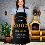 21st Birthday Born 2002 Black Gold Lady's Apron<br><div class="desc">A personalised classic black apron design for that birthday celebration. Add the name to this vintage retro style black, white and gold design for a custom birthday gift. Easily edit the name and year with the template provided. A wonderful custom birthday gift. More gifts and party supplies for that party...</div>
