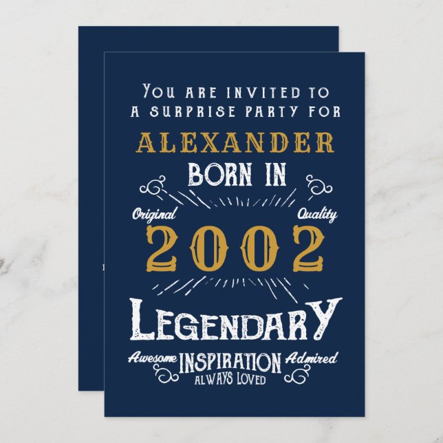 21st Birthday Born 2002 Blue Gold Retro Legend Invitation (Front/Back)
