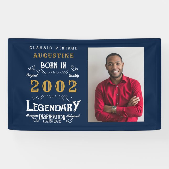 21st Birthday Born 2002 Legend Blue Gold Photo Banner (Horizontal)