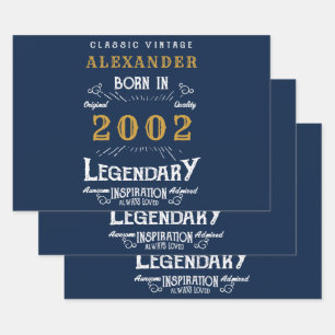 21st Birthday Born 2002 Vintage Blue Gold Legend Wrapping Paper Sheet