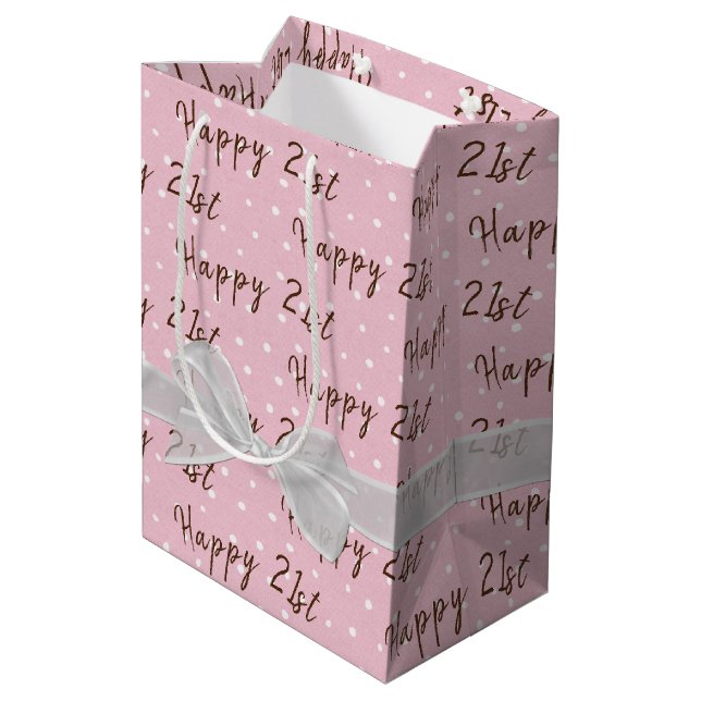 21st Birthday Bow On Polka Dots Medium Gift Bag (Back Angled)