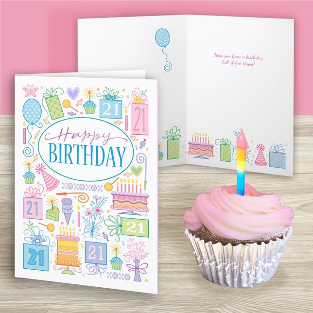 21st birthday Bright Pastel Icons Card (Creator Uploaded)