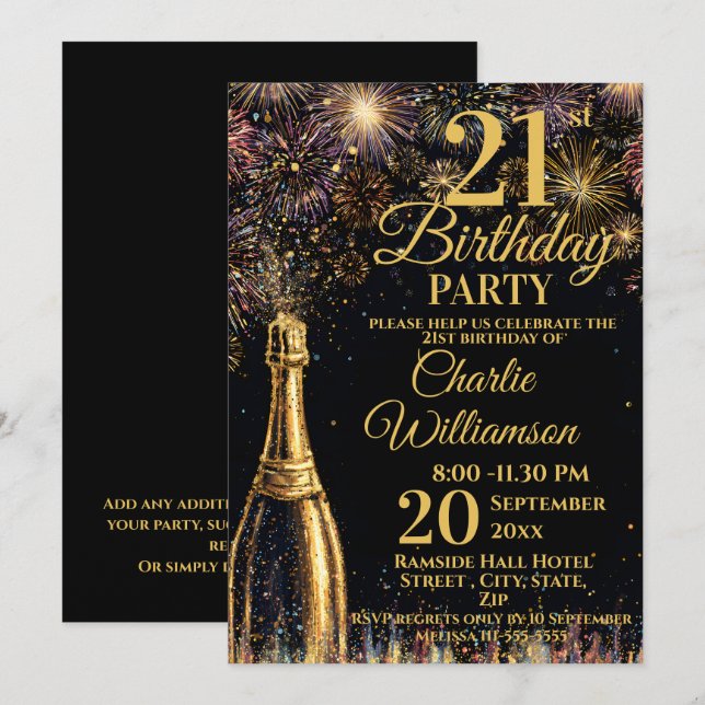 21st Birthday Bubbly Fireworks Gold  Invitation (Front/Back)