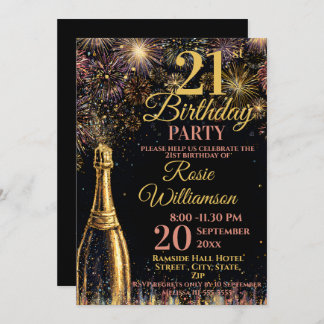 21st Birthday Bubbly Fireworks Gold Pink Invitation