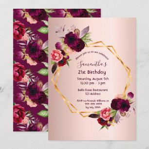 21st birthday burgundy florals rose gold geometric invitation