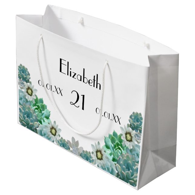 21st Birthday cactus flowers succulents white Large Gift Bag (Back Angled)