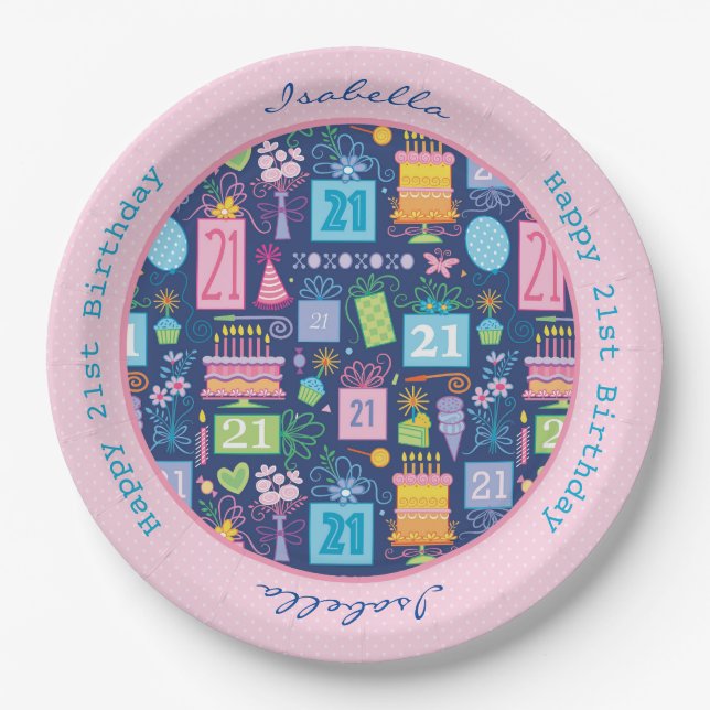 21st Birthday Cake Cupcake Present Custom Name Paper Plate (Front)
