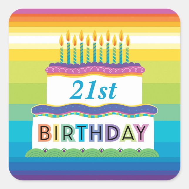 21st Birthday Cake With Rainbow Stripes Sticker (Front)