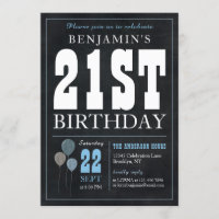21st Birthday Chalkboard Blue Balloon Rustic Chic