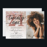 21st Birthday Champagne Glitter Photo Invitation<br><div class="desc">Invite family and friends to celebrate 21st Birthday with these chic girly invitations. Design featuring single photo,  champagne sparkly glitter texture,  twenty one in trendy handwritten script in black and rose gold colour. Personalise with your details in block capital lettering.</div>