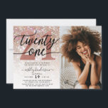 21st Birthday Champagne Glitter Photo Invitation<br><div class="desc">Invite family and friends to celebrate 21st Birthday with these chic girly invitations. Design featuring single photo,  champagne sparkly glitter texture,  twenty one in trendy handwritten script in black and rose gold colour. Personalise with your details in block capital lettering.</div>