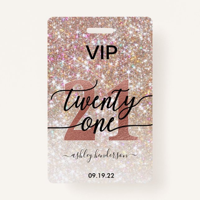 21st Birthday Champagne Glitter VIP ID Badge (Front)