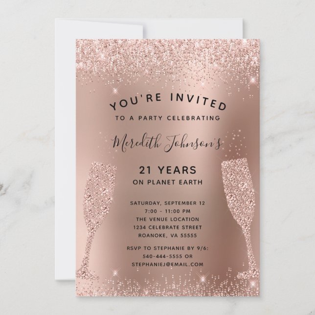 21st Birthday Champagne Toast Rose Gold Glitter Invitation (Front)