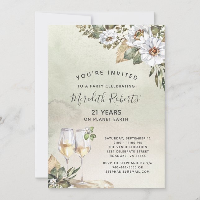 21st Birthday Champagne Toast White Sage Floral Invitation (Front)