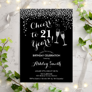  21st Birthday - Cheers To 21 Years Black Silver Invitation