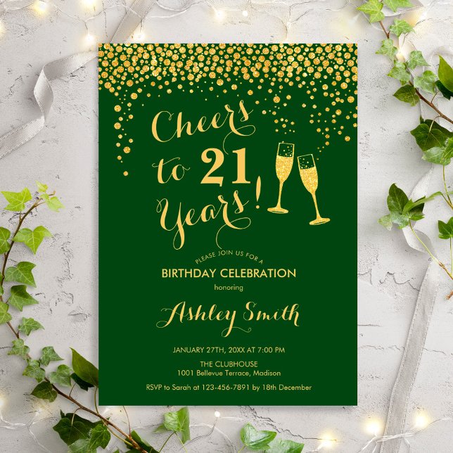 21st Birthday - Cheers To 21 Years Gold Green Invitation (Creator Uploaded)
