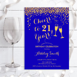21st Birthday - Cheers To 21 Years Gold Royal Blue Invitation