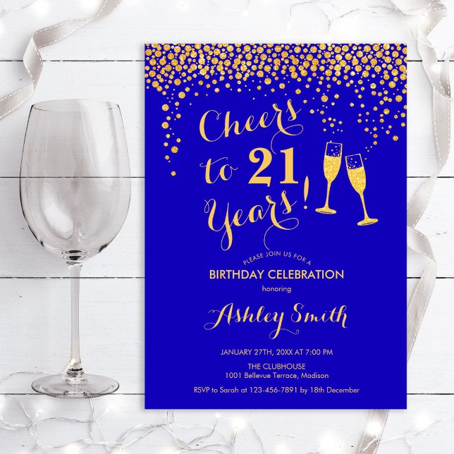 21st Birthday - Cheers To 21 Years Gold Royal Blue Invitation (Creator Uploaded)