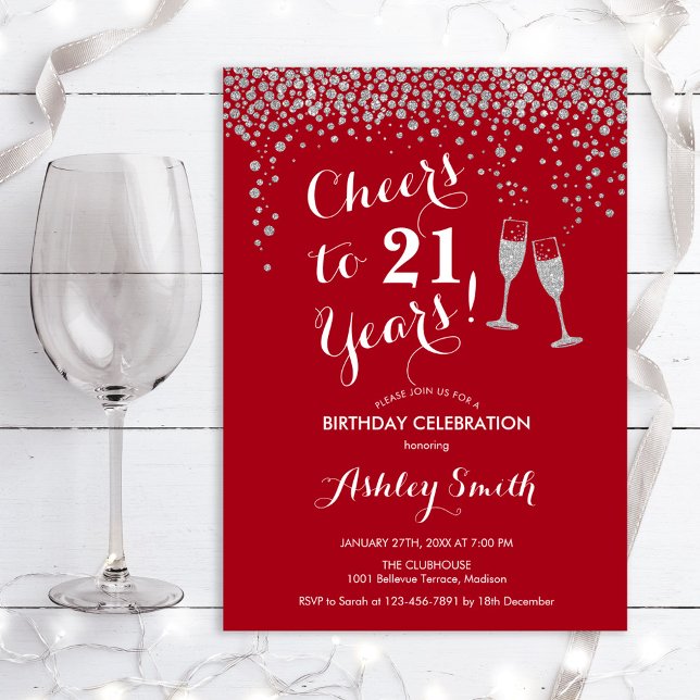  21st Birthday - Cheers To 21 Years Red Silver Invitation (Creator Uploaded)