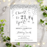 21st Birthday - Cheers To 21 Years Silver White Invitation<br><div class="desc">21st Birthday Invitation. Cheers To 21 Years! Elegant design in white and silver. Features champagne glasses,  script font and confetti. Perfect for a stylish birthday party. Personalise with your own details. Can be customised to show any age.</div>