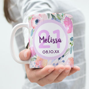 21st birthday chic boho watercolored pink flowers coffee mug
