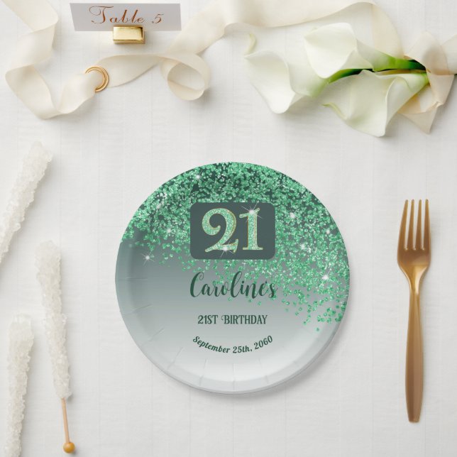 21st Birthday Chic Falling Green Glitter Paper Plate (Wedding)