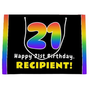21st Birthday: Colorful Rainbow # 21, Custom Name Large Gift Bag