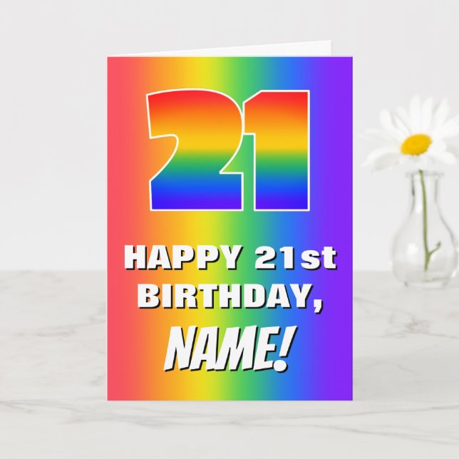 21st Birthday: Colourful, Fun Rainbow Pattern # 21 Card (Small Plant)