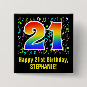 21st Birthday: Colourful Music Symbols, Rainbow 21 15 Cm Square Badge