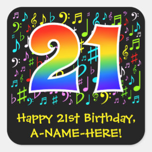 21st Birthday: Colourful Music Symbols, Rainbow 21 Square Sticker