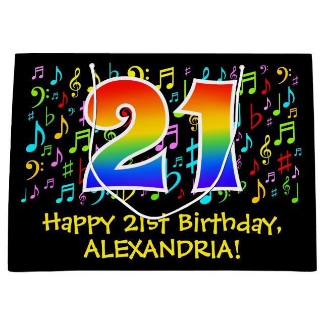 21st Birthday - Colourful Music Symbols, Rainbow 2 Large Gift Bag (Front)