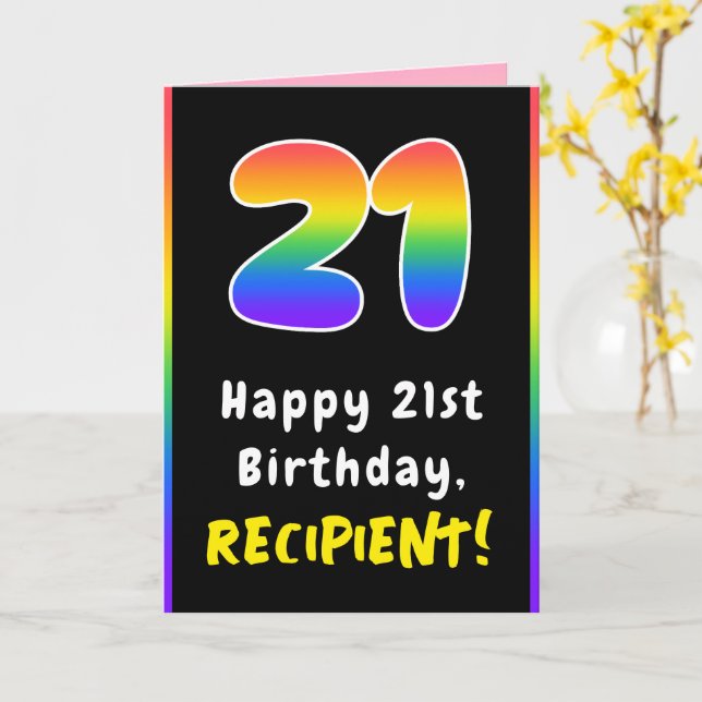 21st Birthday: Colourful Rainbow # 21, Custom Name Card (Yellow Flower)