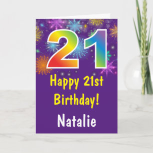 21st Birthday Colourful Rainbow Fireworks Purple Card
