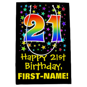 21st Birthday: Colourful Stars Pattern & Rainbow 2 Medium Gift Bag