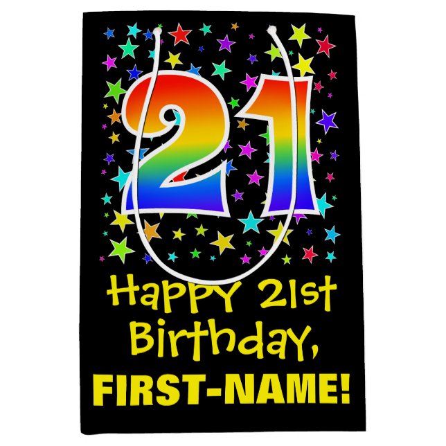 21st Birthday: Colourful Stars Pattern & Rainbow 2 Medium Gift Bag (Front)