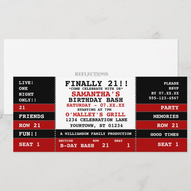 21st Birthday Concert Ticket Invitation (Front/Back)