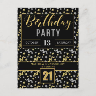 21st Birthday Confetti in Black and Gold Invitation Postcard