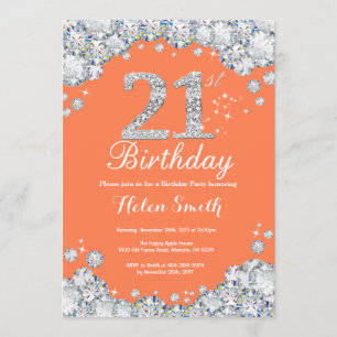 21st Birthday Coral and Silver Diamond Invitation