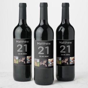 21st birthday custom photo black wine label