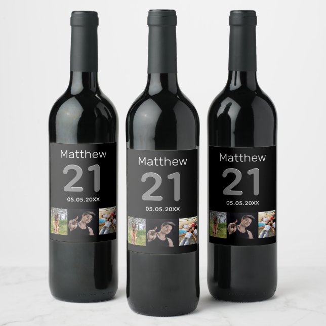 21st birthday custom photo black wine label (Bottles)