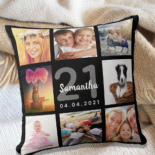 21st birthday custom photo collage girl black cushion