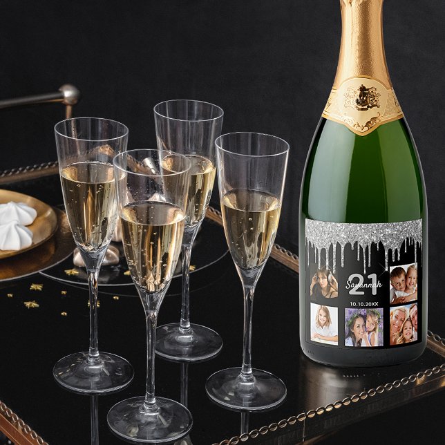 21st birthday custom photo glitter black silver sparkling wine label (Creator Uploaded)