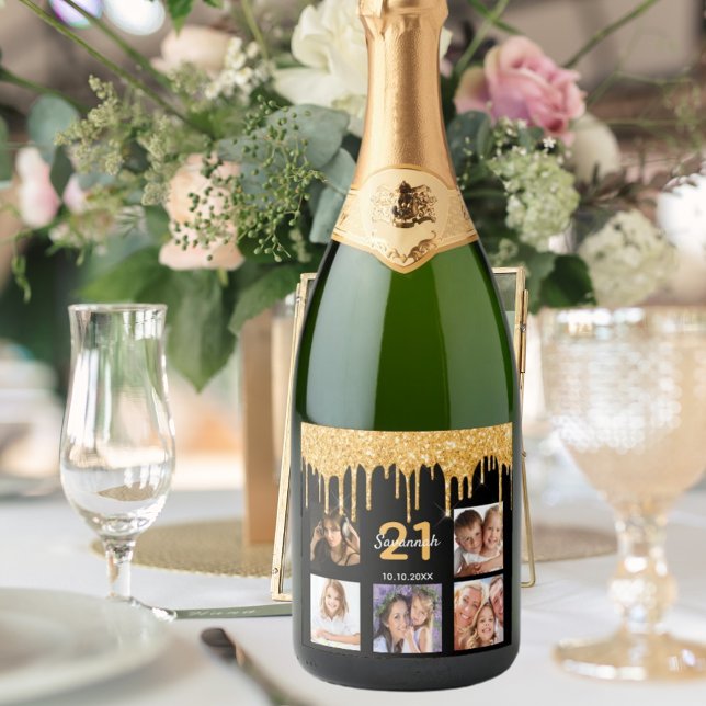 21st birthday custom photo glitter black sparkle sparkling wine label (Creator Uploaded)