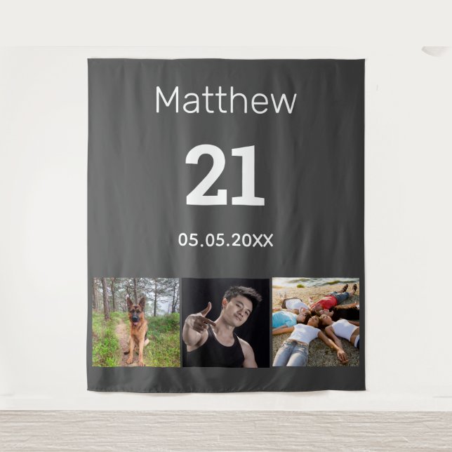 21st birthday custom photo monogram guy grey tapestry (Front)