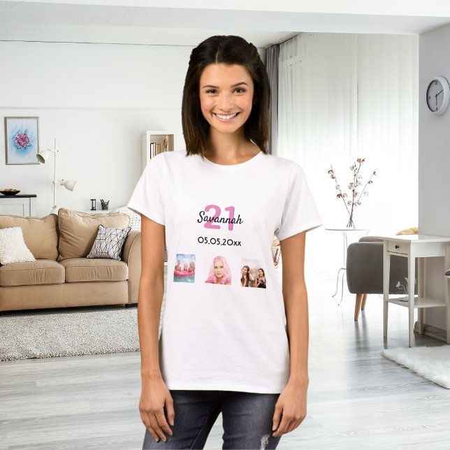 21st birthday custom photo pink monogram woman T-Shirt (Creator Uploaded)
