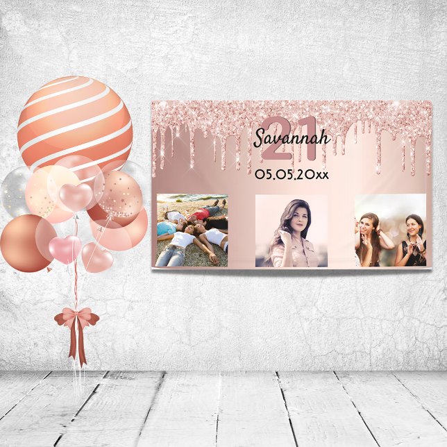 21st birthday custom photo rose gold pink glitter banner (Creator Uploaded)