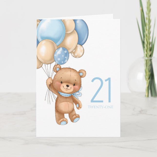 21ST birthday cute blue balloons boy teddy card (Front)