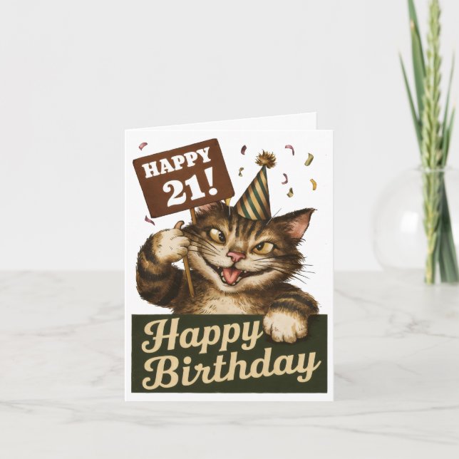 21st birthday cute funny cat vintage card (Front)